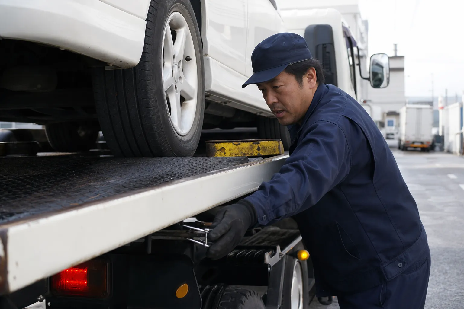 積載車の上で車両を点検するスタッフ