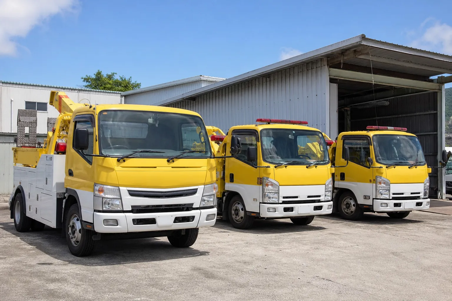 営業所に並ぶレッカー車